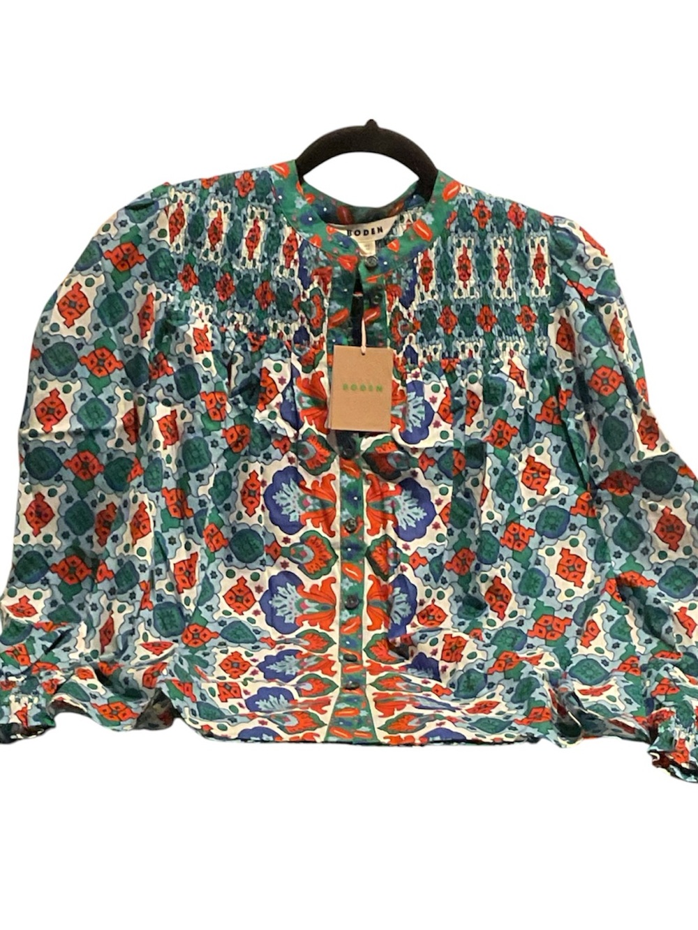 Boden Green, Blue and Orange Smocked Floral-Print Blouse